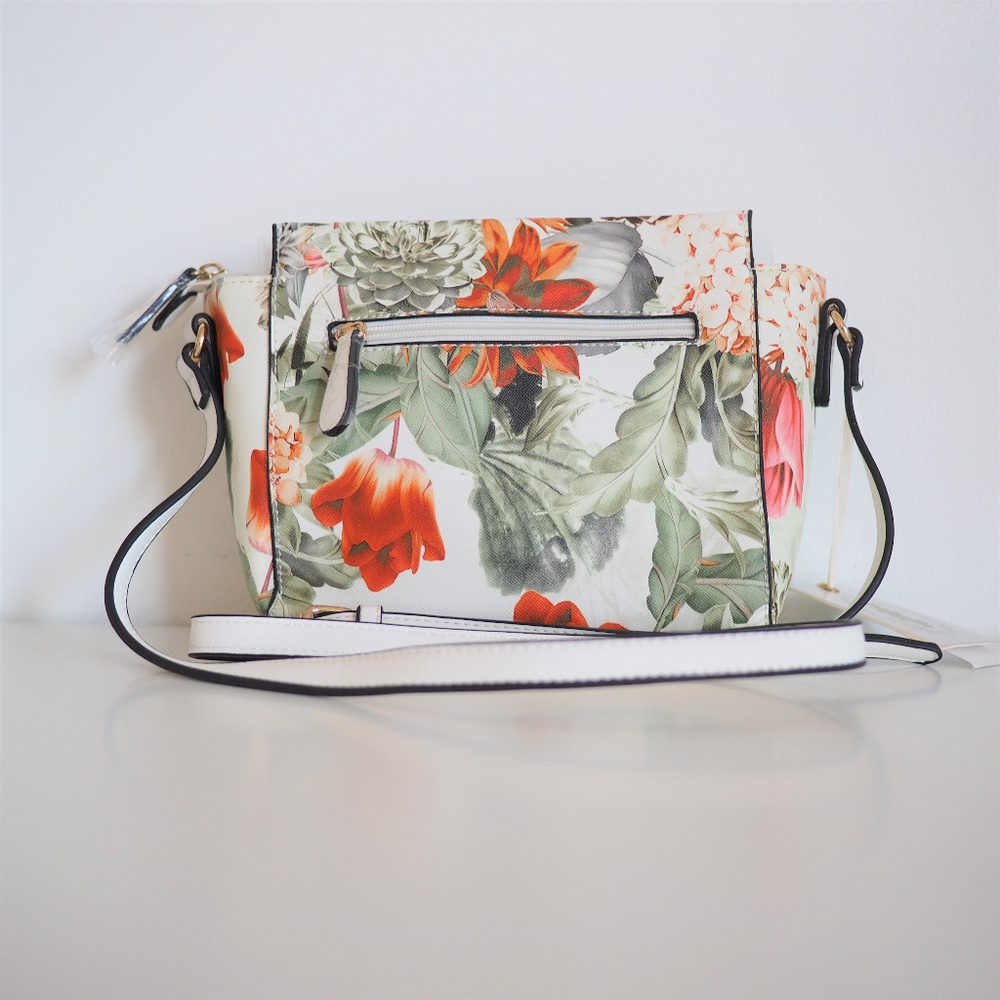 Vegan Leather Spring Garden Floral Print Mini Shoulder Bag White Orange